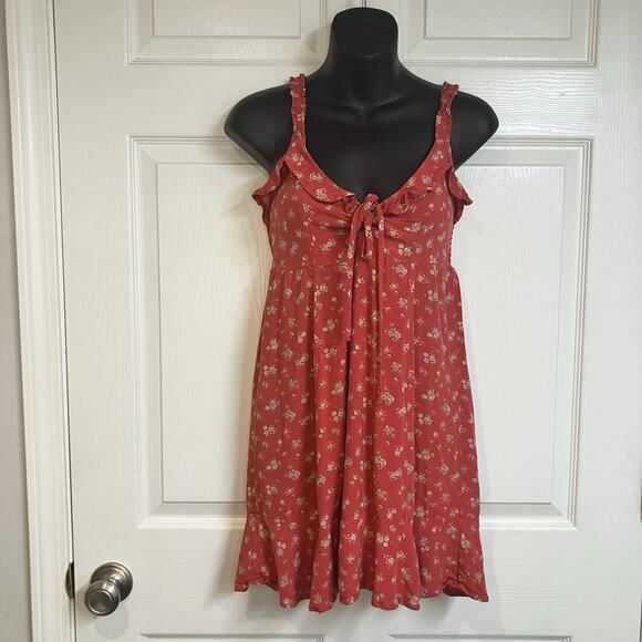 American Eagle Y2K Lace Up Floral Print Ruffle Mini Sun Dress Red Size S Cottage - Picture 1 of 12